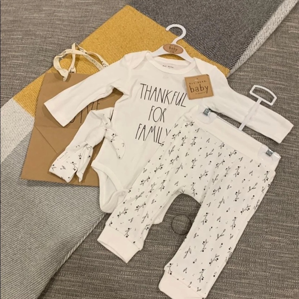 Rae Dunn thankful for family pant set with headband & gift bag 6-9 months